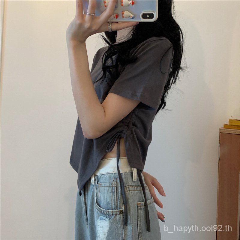 แขนสั้นเชือกรูดแบบสั้นtเสื้อผู้หญิง2023ฤดูร้อนใหม่เวอร์ชั่นเกาหลีinsเสื้อนักเรียนสาวฮอตแมทช์ลุคง่าย