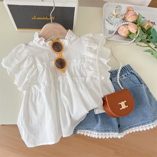 2023 summer spot white Korean version of pure cotton Chao Fan round collar short sleeves summer white shirt blue cute shorts