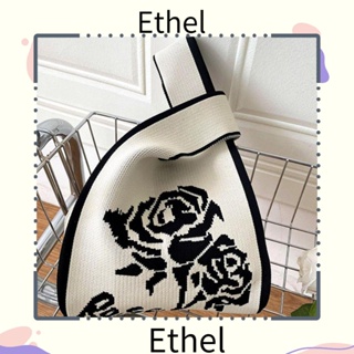 Ethel1 กระเป๋าถือ กระเป๋าช้อปปิ้ง ผ้าถัก ลายดอกกุหลาบ แฮนด์เมด ขนาดเล็ก