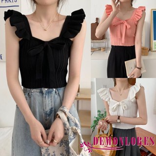 Demonlores- เสื้อครอปท็อป แขนกุด แต่งระบาย สีพื้น สไตล์สตรีท แฟชั่นฤดูร้อน สําหรับผู้หญิง