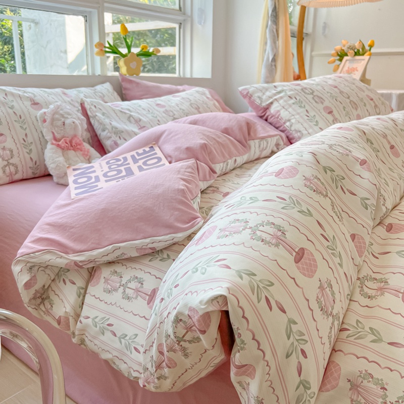 4-in-1-ชุดเครื่องนอน-ผ้าปูที่นอน-ปลอกหมอน-ผ้านวม-ลายดอกไม้-ขนาดเล็ก-สีชมพู-ควีนไซซ์-คิงไซซ์