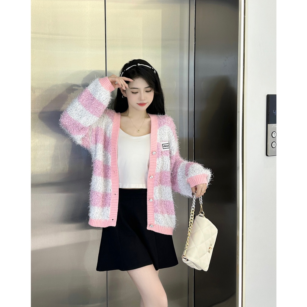 lbcp-miu-miu-2023-autumn-and-winter-new-bright-silk-pink-two-color-v-neck-long-sleeved-cardigan-womens-letter-long-sleeved-logo-knitwear-women
