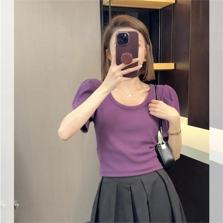 เสื้อยืดแขนสั้น-แขนพัฟ-เข้ากับทุกการแต่งกาย-แฟชั่นฤดูใบไม้ร่วง-สไตล์เกาหลี-คลาสสิก-สําหรับผู้หญิง