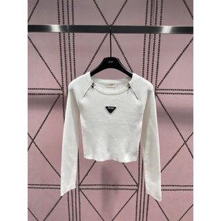 VHQ5 PRA * A 2023 autumn and winter new motorcycle style letter zipper long sleeve top womens triangle logo decorative fashion slim fit