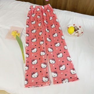 SANRIO ใหม่ ชุดนอน กางเกงขายาวลําลอง ผ้าฟลีซ แบบนิ่ม ลายการ์ตูน Hello Kitty เหมาะกับของขวัญวันเกิด สําหรับสตรี