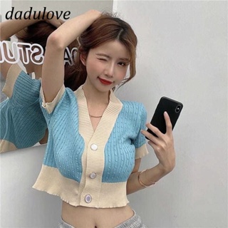 DaDulove💕 New Korean Version of INS Blue WOMENS V-neck Top Knitted Short-sleeved T-shirt Navel Cardigan