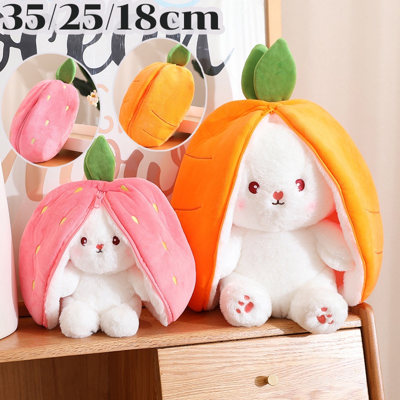 cod-35-25-18cm-ตุ๊กตากระต่าย-กำลังฮิตใน-หมอนอิง-2in1-ตุ๊กตากระต่ายน่ารักกลายเป็นสตรอเบอร์รี่และแครอท