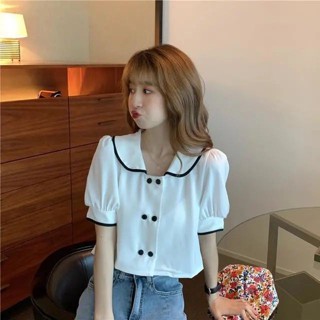 เสื้อเชิ้ตแขนสั้น แขนพัฟ ทรงหลวม สีขาว สไตล์เกาหลี ฝรั่งเศส พลัสไซซ์ สําหรับผู้หญิง