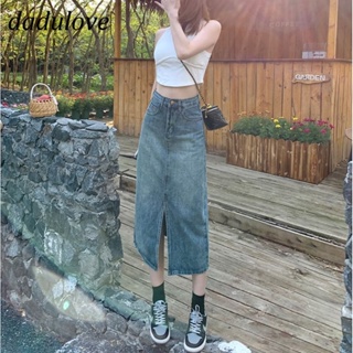 DaDulove💕 New Korean Version of INS Retro Blue WOMENS Denim Skirt High Waist Slit Skirt A- Line Mid-length Skirt