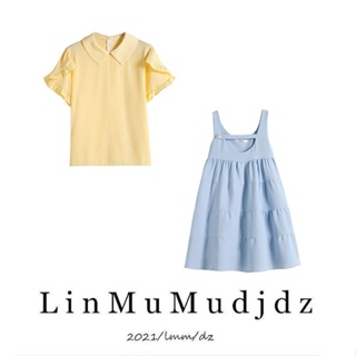 OOTDD 🎀 ชุดสูท 2 ชิ้น 2023 ใหม่ เสื้อเชิ้ตคอปกตุ๊กตา + เดรสเอไลน์ตุ๊กตาฟูฟ่องสองข้าง เสื้อเหลือง ชุดสีน้ำเงิน