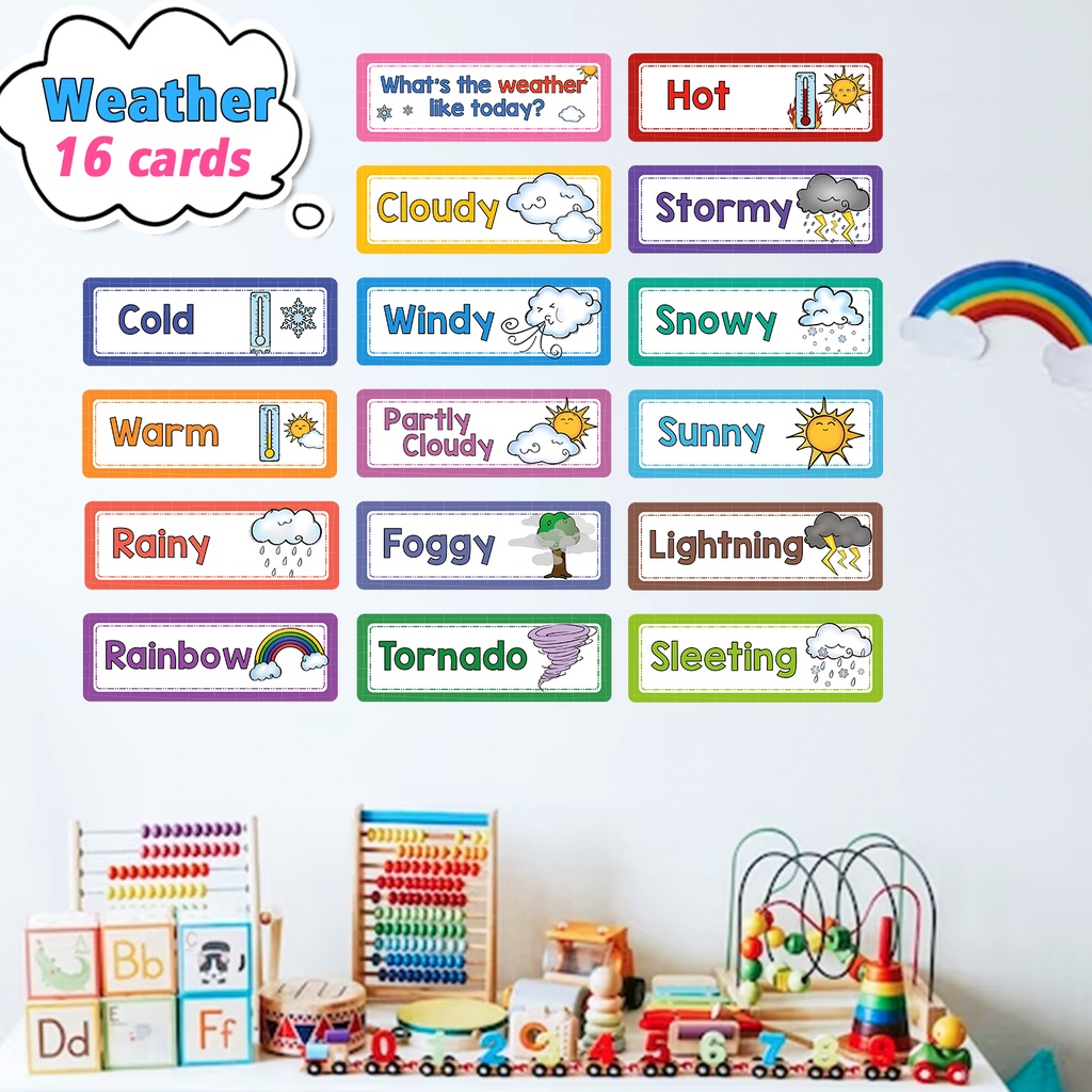 16 ชิ้น Weather Flashcards Montessori คําภาษาอังกฤษการเรียนรู้การ์ดเด็ก ...