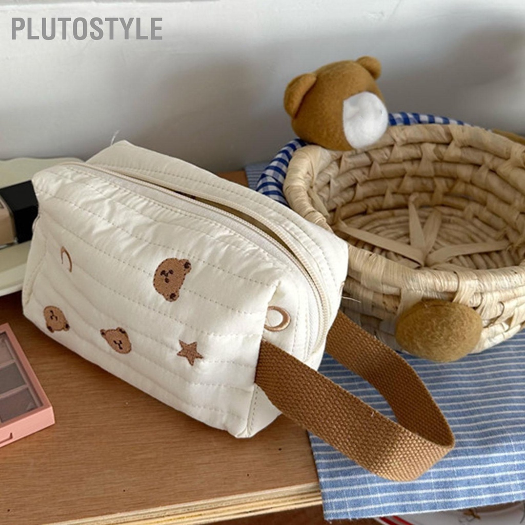 plutostyle-กระเป๋าแต่งหน้าผ้าฝ้ายแบบพกพาน่ารักหมีเดินทางเครื่องสำอางจัดระเบียบกระเป๋าสำหรับผู้หญิงกระเป๋า