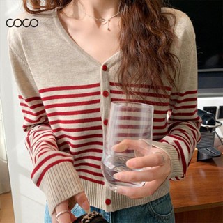 Coco~ถักเสื้อคาร์ดิแกน แถบคอ V  สไตล์ฝรั่งเศส เสื้อผ้าแฟชั่นสตรี