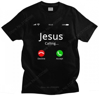 เสื้อยืดใหม่👕 Jesus Is Calling T Shirt Christ  Faith Bible Catholics Gift T-Shirt For Men Male Short Sleeve Funny Ts