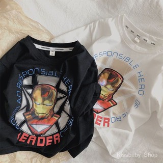 เสื้อยืดแขนสั้น ผ้าฝ้ายแท้ พิมพ์ลาย Iron Man แฟชั่นฤดูร้อน สําหรับเด็กผู้ชาย 2023