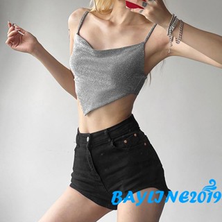 Bay- เสื้อครอปท็อปแขนกุด เปิดหลัง สีเงิน แฟชั่นฤดูร้อน สําหรับผู้หญิง