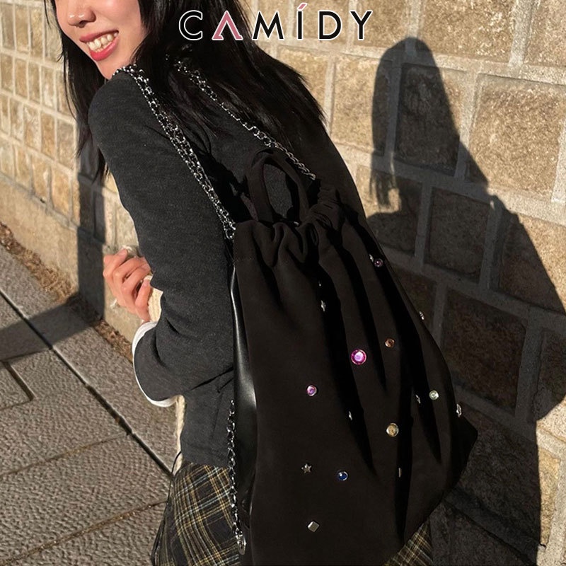 camidy-กระเป๋าผู้หญิงเฉพาะกลุ่มเกาหลีเคลือบกำมะหยี่เย็บสีโซ่พลอยกระเป๋าเป้สะพายหลังกระเป๋าถือหูรูด