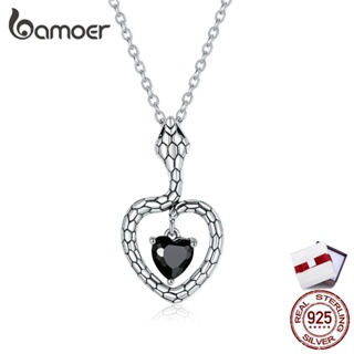 Bamoer Sterling Silver 925 Snake Necklace with Black Heart Gem Pendant 45cm chain length adjustable size Fashion Jewelry For Women &amp; Girls Fit Gifts BSN233