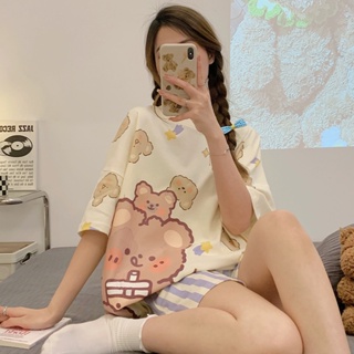 New cotton-like pull frame pajamas female cartoon bear short-sleeved summer sweet simple and cute home service