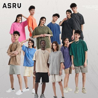 ASRV ผู้ชายแขนสั้นผ้าบาติกเกล็ดหิมะทอดสีทึบล้างเสื้อยืดแบรนด์อินเทรนด์ย้อนยุคสูง