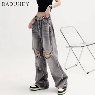 DaDuHey🎈 American Style High Street Hiphop Ripped Jeans Straight High Street Vibe Style Casual Mop Pants
