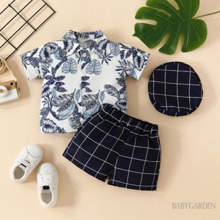 Babygarden-6 เดือน-3 ปี ชุดเสื้อผ้าเด็กผู้ชาย เสื้อแขนสั้น พิมพ์ลายใบไม้ + กางเกงขาสั้น ลายสก๊อต + หมวก ชุดฤดูร้อน