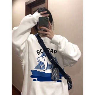 เสื้อกันหนาวลําลอง แขนยาว คอกลม ทรงหลวม ขนาดใหญ่ แบบเรียบง่าย สไตล์อเมริกัน