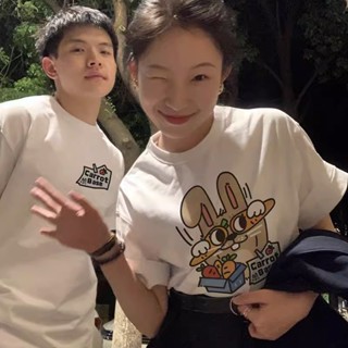 เสื้อยืดแขนสั้น คอกลม ทรงหลวม พิมพ์ลายการ์ตูนน่ารัก แฟชั่นคู่รัก สไตล์เกาหลี