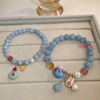 DARON สร้อยข้อมือ ประดับลูกปัดไข่มุก และคริสตัล รูปแมวนําโชค สีฟ้า สไตล์โบราณ สําหรับผู้หญิง