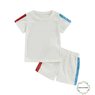 Babyclom- ชุดเสื้อยืดแขนสั้น ประดับเลื่อมแวววาว และกางเกงขาสั้น แบบยืดหยุ่น แฟชั่นฤดูร้อน สําหรับเด็กผู้หญิง 2 ชิ้น