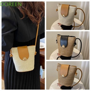 DOREEN Straw Woven Bucket , Bohemian Style Zipper, Elegant Shoulder Bag Crossbody Love Buckle Girl Bag