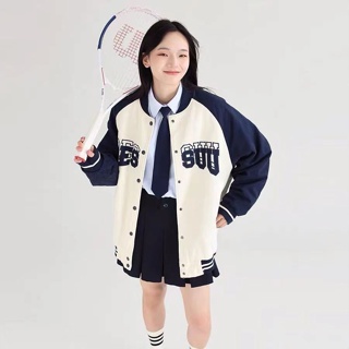 เสื้อแจ็กเก็ตเบสบอล ปักลายตัวอักษร ทรงหลวม สีคอนทราสต์ สไตล์เกาหลี
