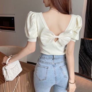 เสื้อยืดแขนสั้น ประดับโบว์ แฟชั่นฤดูร้อน สําหรับผู้หญิง