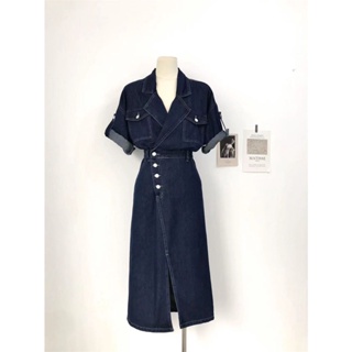 Vintage suit collar denim dress 2023 new womens summer design sense waist slim Hong Kong style fashion skirt