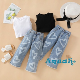 Aqq- เสื้อผ้าเด็กผู้หญิง สีพื้น เสื้อกล้าม ยาง แขนกุด และกางเกงยีน พิมพ์ลายหัวใจ 2 ชิ้น
