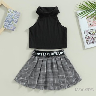 Babygarden-3-7 ปี ชุดเสื้อผ้าเด็กผู้หญิง ฤดูร้อน, เสื้อกล้าม แขนกุด ยาง + กระโปรงพลีท ลายสก๊อต ยืดหยุ่น