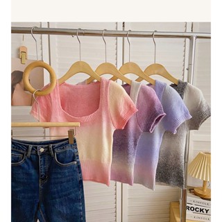 เสื้อกันหนาวแขนสั้น คอสี่เหลี่ยม แต่งไล่โทนสี เข้ากับทุกการแต่งกาย แฟชั่นฤดูร้อน สไตล์เกาหลี สําหรับผู้หญิง MC 7EV