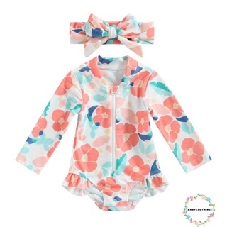 Babyclothes-เด็กวัยหัดเดิน เด็กผู้หญิง ฤดูร้อน ชุดว่ายน้ํา รอมเปอร์ แขนยาว ลายดอกไม้ ชุดว่ายน้ํา พร้อมที่คาดผม