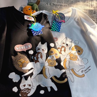 เสื้อยืดลําลอง แขนสั้น ทรงหลวม พิมพ์ลายการ์ตูนแมว สไตล์ฮิปฮอป ฮาราจูกุ ญี่ปุ่น สตรีท พลัสไซซ์ สําหรับผู้ชาย 2023