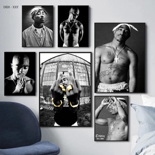 โปสเตอร์ผ้าใบ พิมพ์ลายนักร้องฮิปฮอป Rapper Tupac สีดํา และสีขาว สําหรับตกแต่งผนังบ้าน ห้องเด็กผู้ชาย 2 แพ็ก