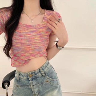 (พร้อมส่ง/ใหม่)#8K92เสื้อยืดผู้หญิงคอสี่เหลี่ยมแขนสั้นฤดูร้อนเสื้อไหมพรมแฟชั่นสไตล์เกาหลี