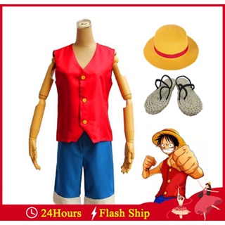 ตุ๊กตาอนิเมะ One Piece Monkey D. ชุดเครื่องแต่งกายคอสเพลย์ เสื้อกั๊ก กางเกง หมวก รองเท้า รูปลูฟี่ เหมาะกับปาร์ตี้ฮาโลวีน สําหรับผู้ชาย และผู้ใหญ่