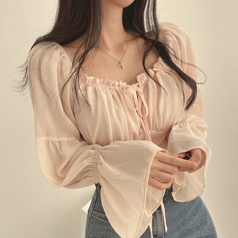 เสื้อครอปท็อป-ผ้าชีฟอง-คอสี่เหลี่ยม-แขนบาน-สไตล์เกาหลี-สําหรับผู้หญิง