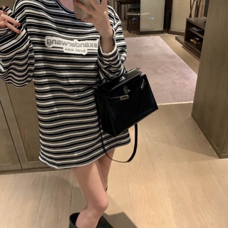 LXJM Alexa * r W * g AW 2023 autumn and winter New retro striped letter pullover long sleeve T-shirt womens fashionable all-match letter logo decoration