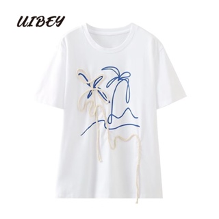 Uibey เสื้อคอลเล็ต แขนสั้น คอกลม พิมพ์ลาย สีตัดกัน แฟชั่น 176