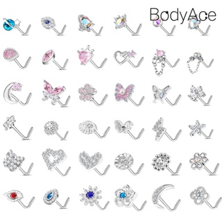 Bodyace จิวเจาะจมูก สเตนเลส รูปตัว L ผีเสื้อ ดอกไม้ คริสตัล 20 กรัม 1 ชิ้น