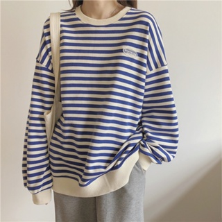 8146# Spring and Autumn Chest Label Thin Sweater Womens Round Neck Striped