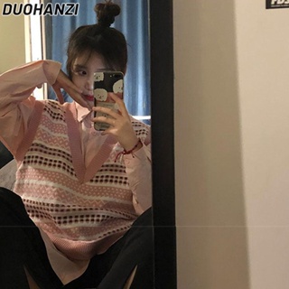 Duohanzi เสื้อกั๊กถัก คอวี สีชมพู สไตล์ญี่ปุ่น สําหรับผู้หญิง