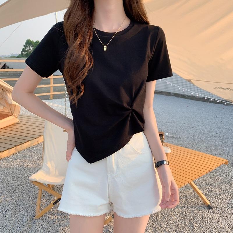 akifoon-store-2439-พร้อมส่ง-เสื้อยืดลําลอง-คอกลม-แขนสั้น-สีพื้น-สําหรับผู้หญิง-แต่งชายเสื้อปลายแหลม