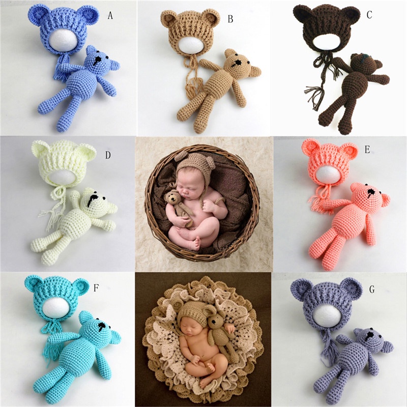 fireflower-พร็อพถ่ายรูปเด็กทารกแรกเกิด-ผ้าถักโครเชต์-รูปหมี-หมวก